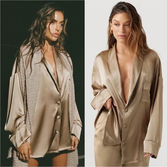 Joah Brown Tops - JOAH BROWN Oversized Silk Button Down Shirt in Fawn S/M